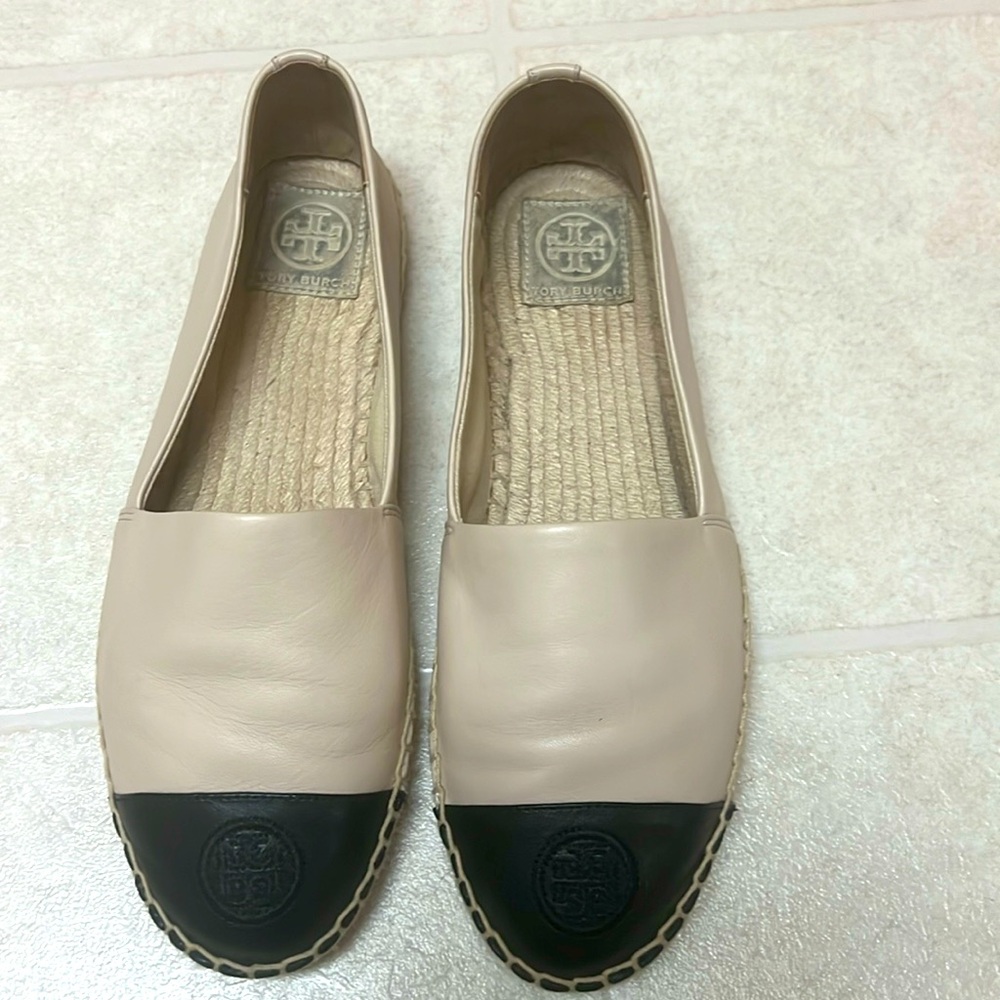 Tory Burch color block leather espadrille flats.